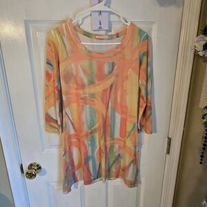 Before + Again Womens Small Abstract Watercolor 3/4 Sleeve Tunic Top Multi-Color